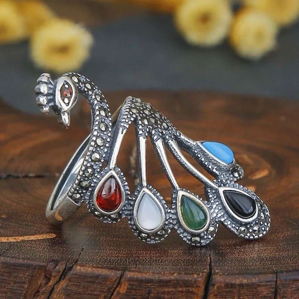 Other Natural Multi Stone Peacock Silver Adjustable Ring Size ONE SIZE - 4 Thumbnail