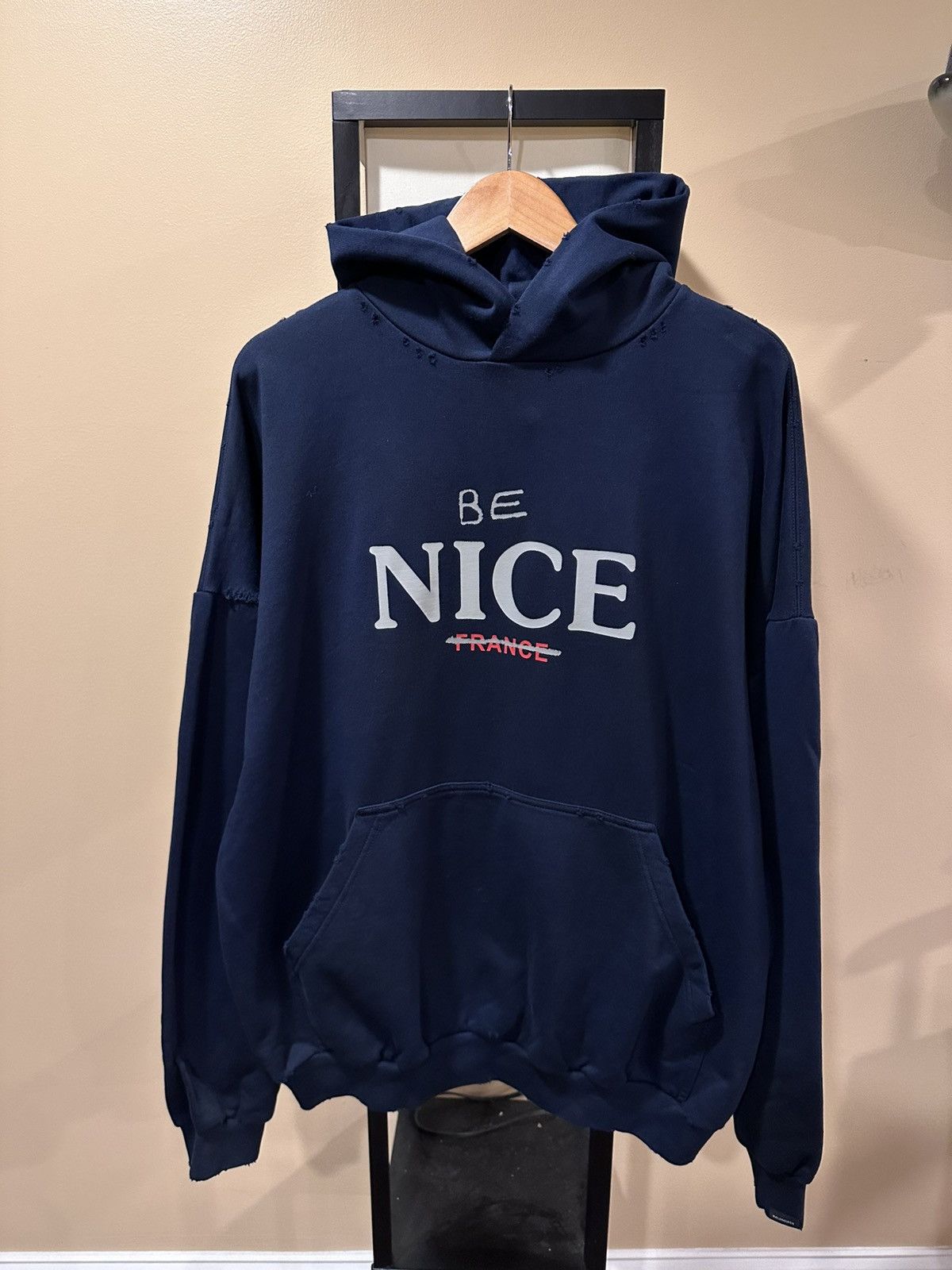 Balenciaga Balenciaga “Be Nice” France Dark Navy 2023 Distressed Hoodie Size US XL / EU 56 / 4 - 1 Thumbnail