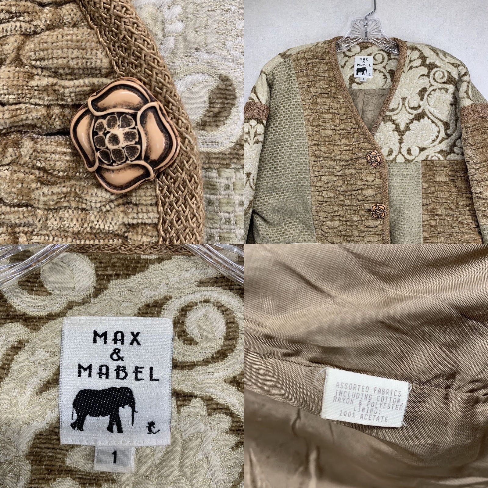 Vintage VINTAGE Max & Mabel Women's Beige Patchwork Rayon Jacket Size 1 Lined 80s 90s Size XS / US 0-2 / IT 36-38 - 8 Thumbnail