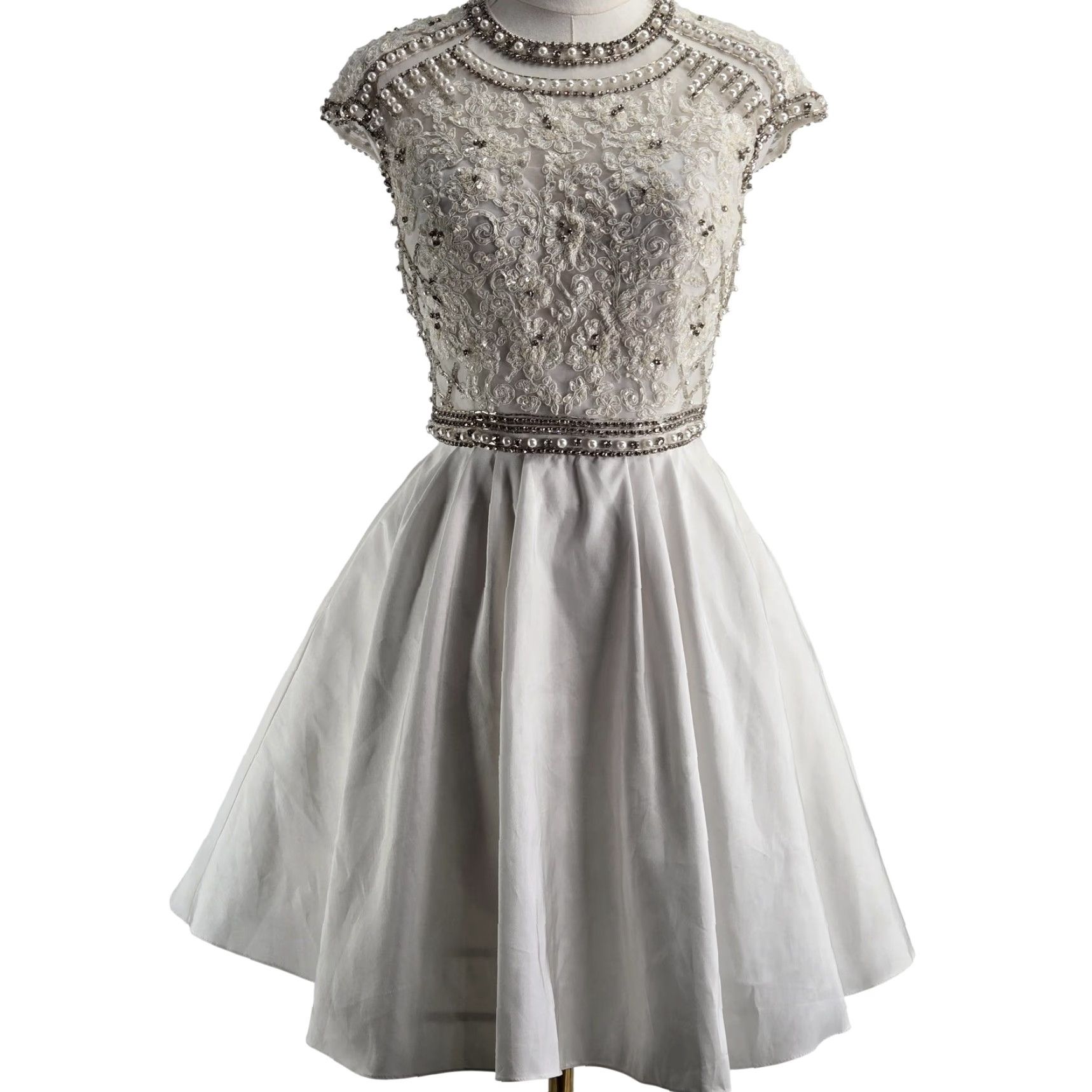Vintage Sherri Hill Dress Womens 4 White Fit & Flare Short Beaded Floral Party/Cocktail Formal Women's Dress Cap Sleeve Lace Beaded Zipper Back Size 27" / US 4 / IT 40 - 2 Thumbnail