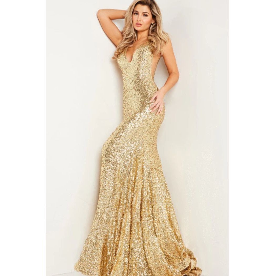 Designer Jovani Gold Sequin Open Back V-neck Prom Pageant Gown 23079 Size XS / US 0-2 / IT 36-38 - 3 Thumbnail