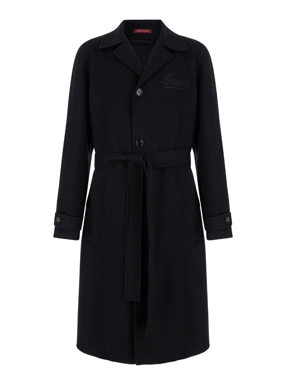 Black Single-Breasted Coat with Wide Notched Revers and Belt in Wool Man