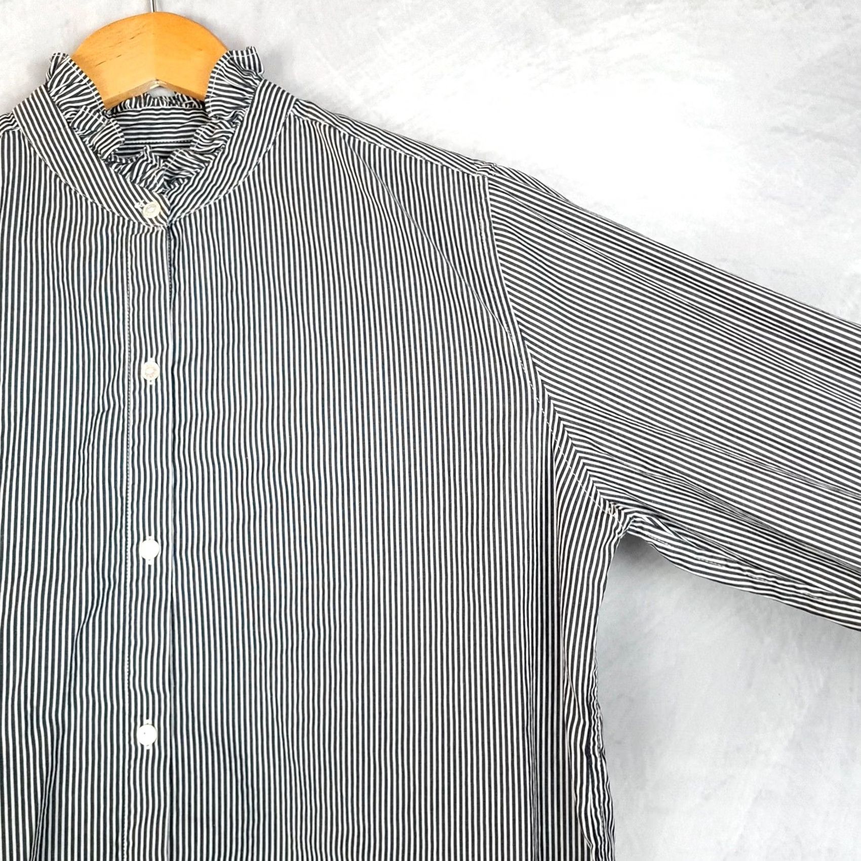 Nili Lotan Nili Lotan Blouse Womens Large Black White Striped Ruffle Neck Button Front Cuff Size L / US 10 / IT 46 - 7 Thumbnail
