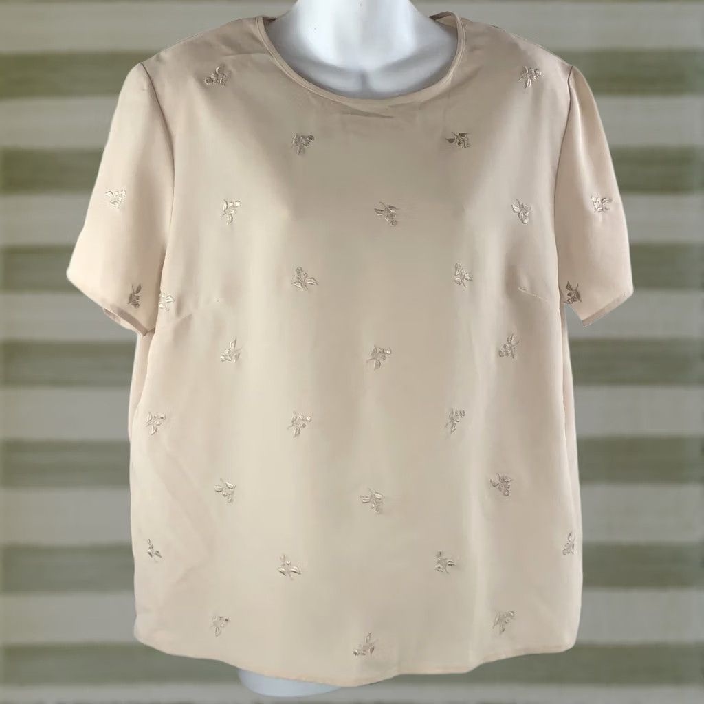 Vintage Vintage Laura Scott top L beige floral chiffon embroidered short sleeve career Size L / US 10 / IT 46 - 1 Thumbnail