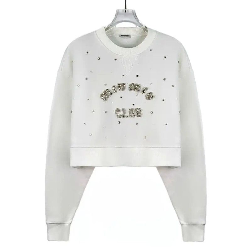 Miu Miu Miu Miu White Cotton Sweatshirt with Crystals 0089 Size XS / US 0-2 / IT 36-38 - 1 Thumbnail