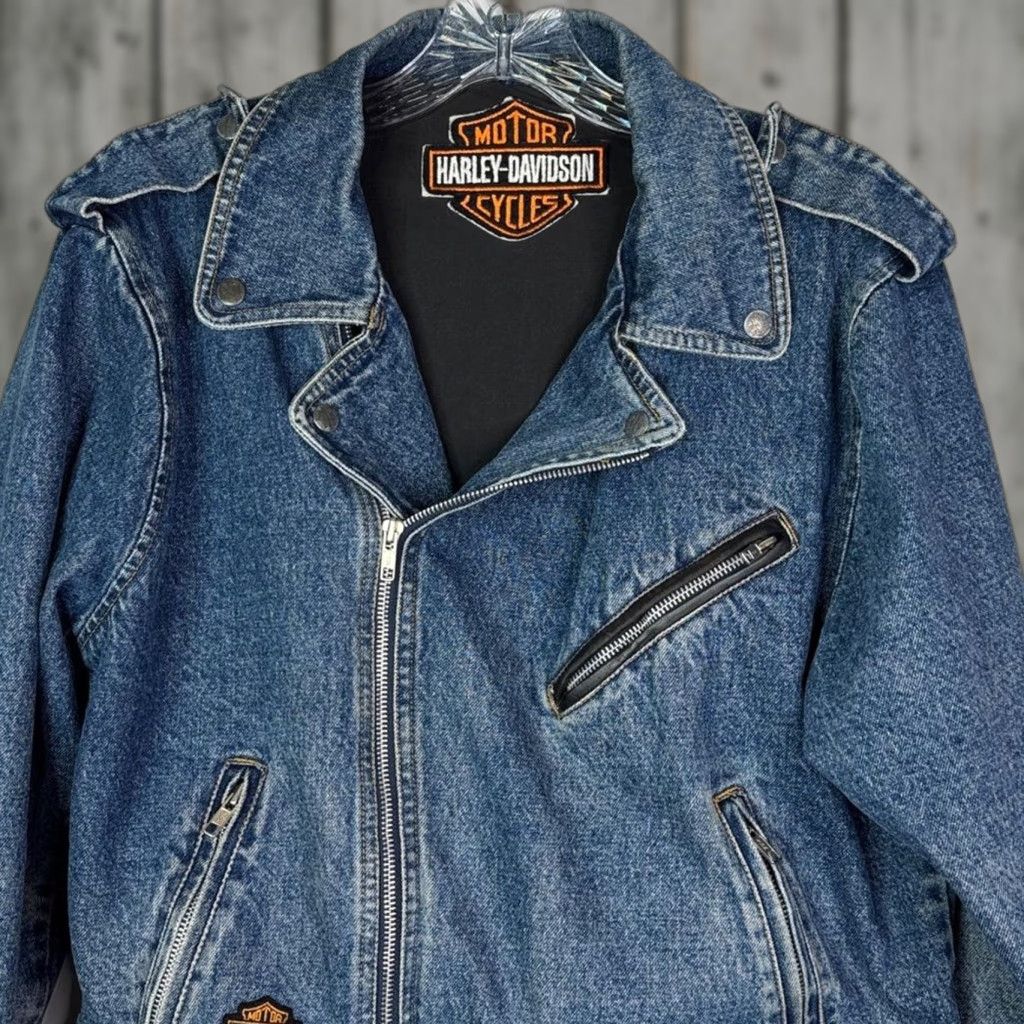 VINTAGE Harley-Davidson Jacket Mens Biker Denim Jean Black Size L Regular