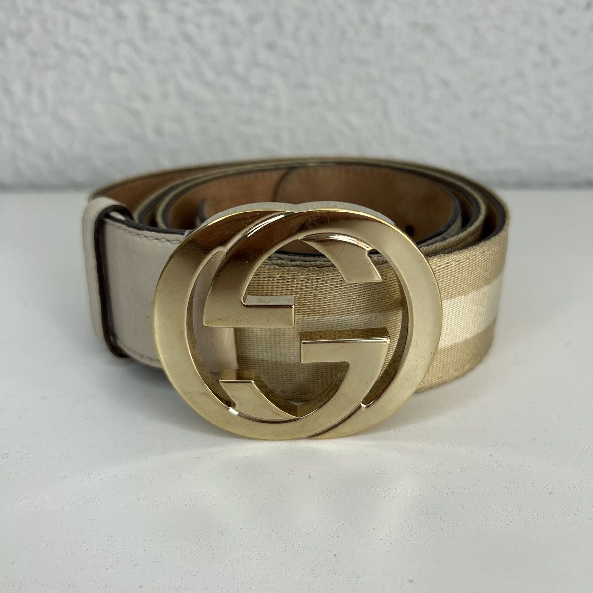 Gucci GG Belt Gold Beige Leather Designer Italian Drill Y2K