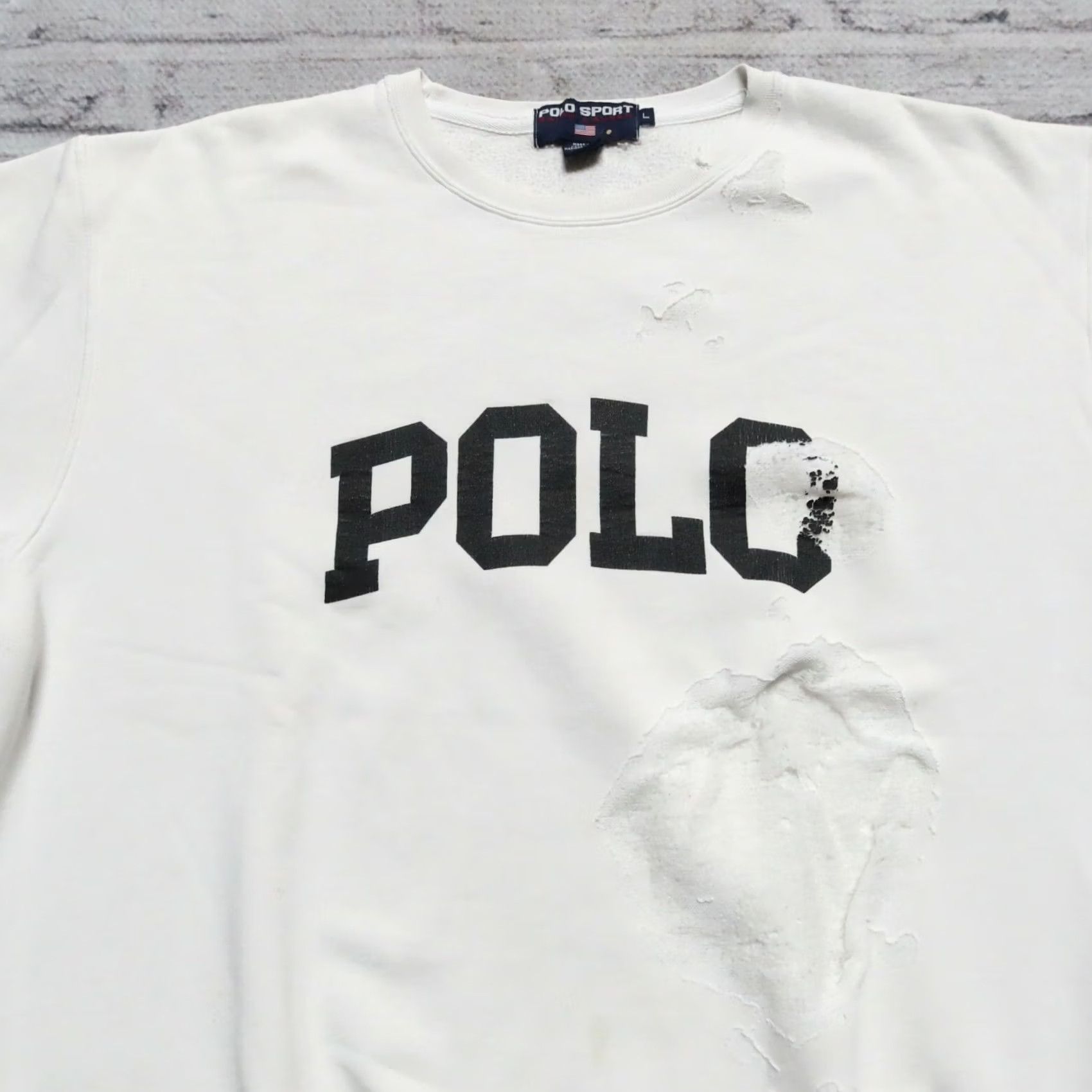 Polo Ralph Lauren VINTAGE Polo Ralph Lauren Sweatshirt Distressed Logo Crew Neck Size Large White Mens Size US L / EU 52-54 / 3 - 2 Thumbnail