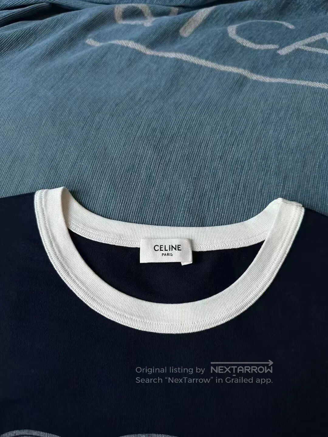 Celine CELINE White and Blue Triomphe Logo Short Sleeve T-Shirt| Size S / US 4 / IT 40 - 2 Thumbnail
