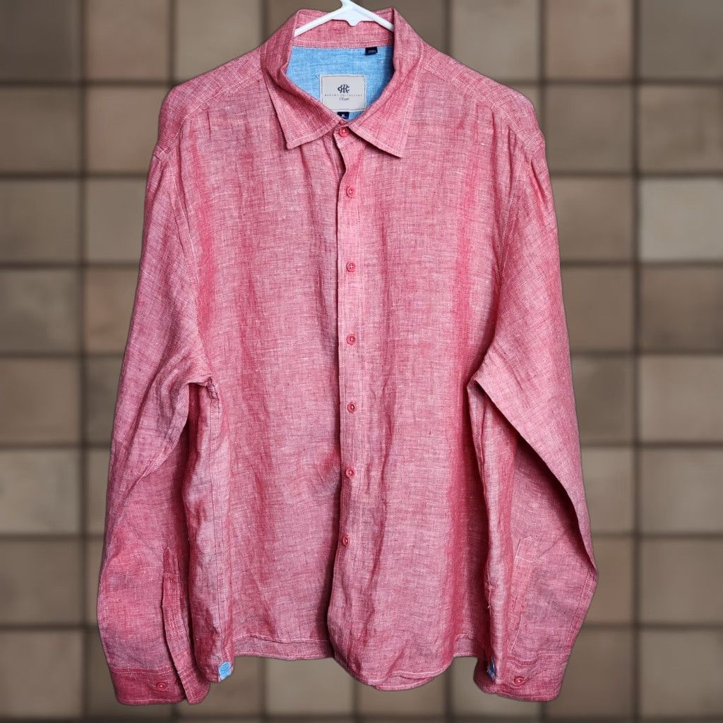 Vintage Report Collection Linen Cherry Red Long Sleeve Buttonfront Shirt XL Mens | Button-Up | Solid | Breathable | Beach Resort Theme | Regular Fit Size US XL / EU 56 / 4 - 1 Thumbnail