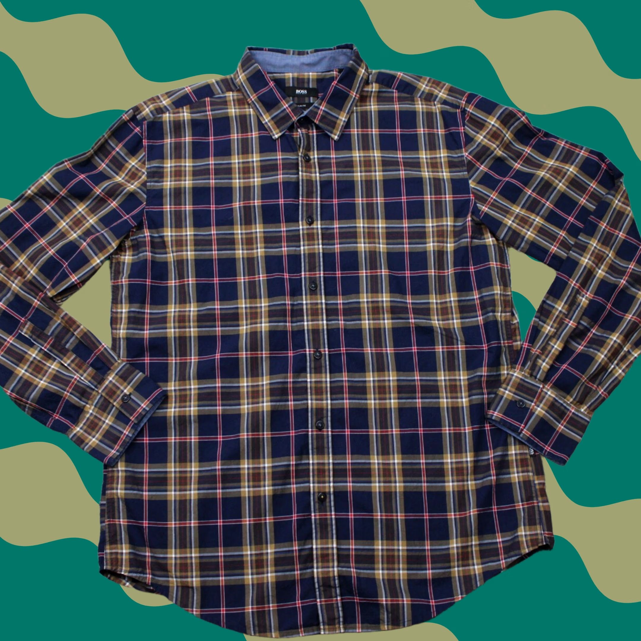 Hugo Boss HUGO BOSS Shirt Mens XL Slim Fit Cotton Blue/Red/Yellow Button-Up L/S Plaid Size US XL / EU 56 / 4 - 1 Thumbnail