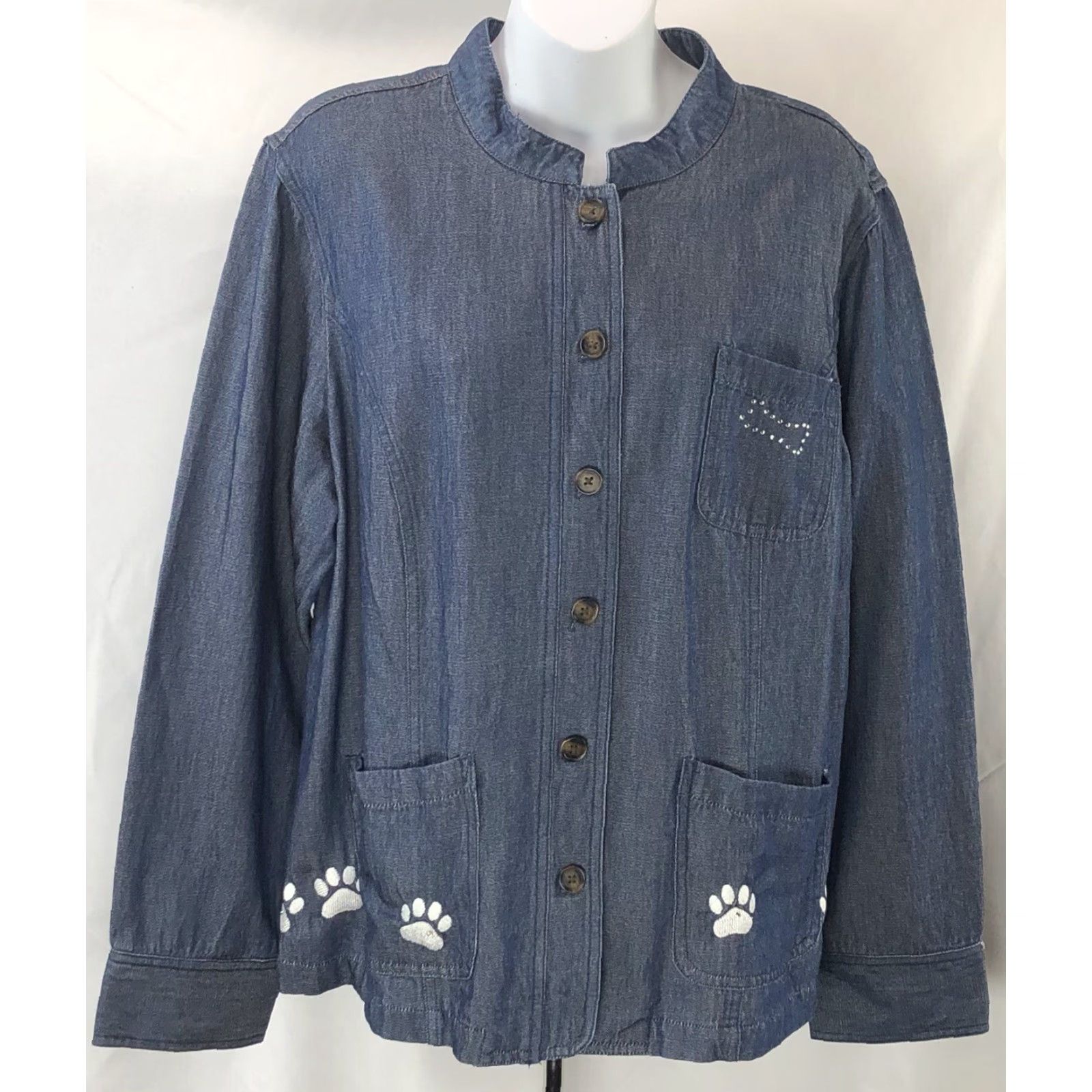 Croft & Barrow Croft Barrow Lt Jacket XL Chambray Denim Pockets Embroidery Dog Mom Puppy Paws Size XL / US 12-14 / IT 48-50 - 6 Thumbnail