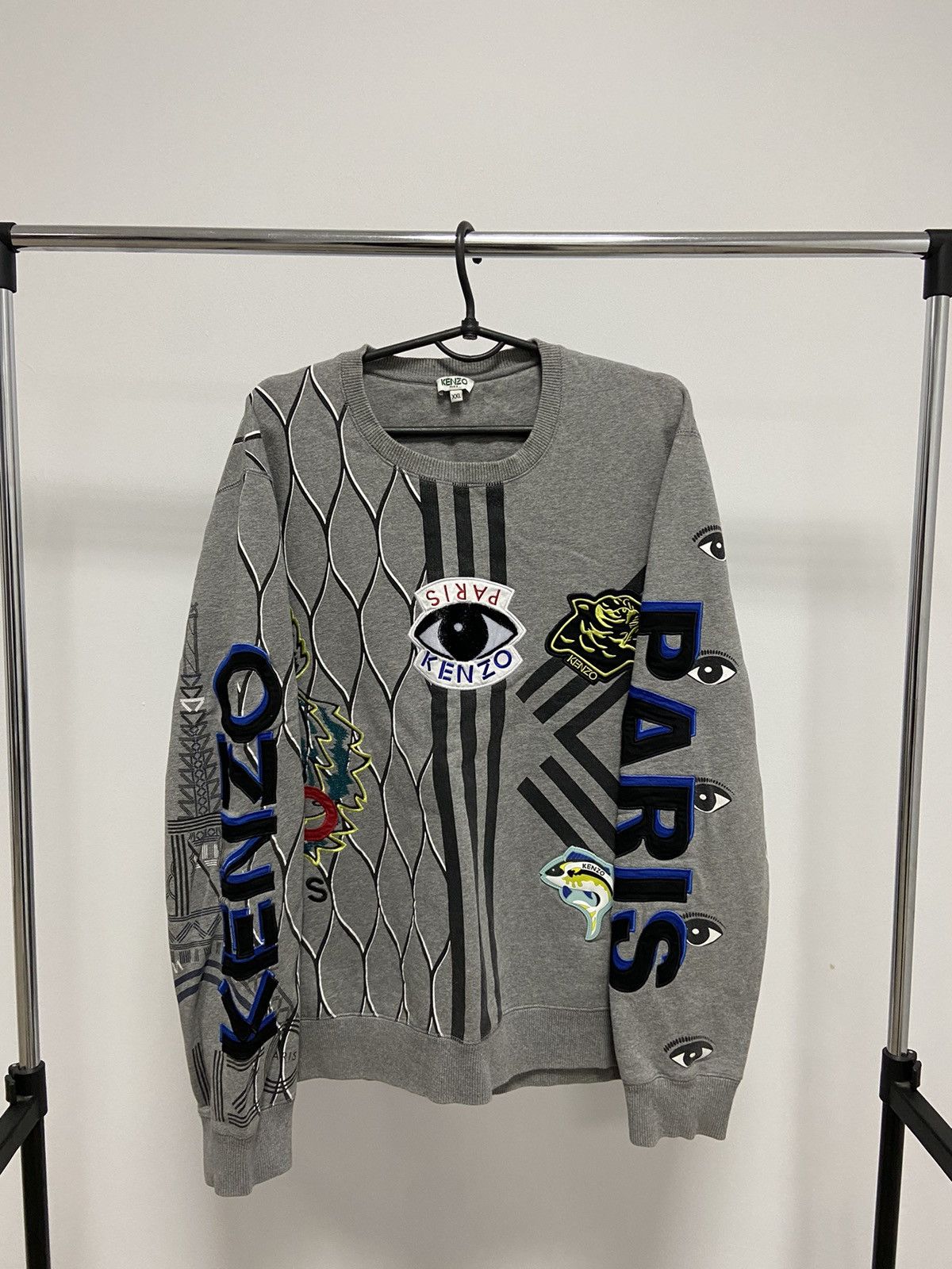 image of Kenzo Sweatshirt Vintage Overprint Big Logo Eyes Fish in Grey, Men's (Size Large)