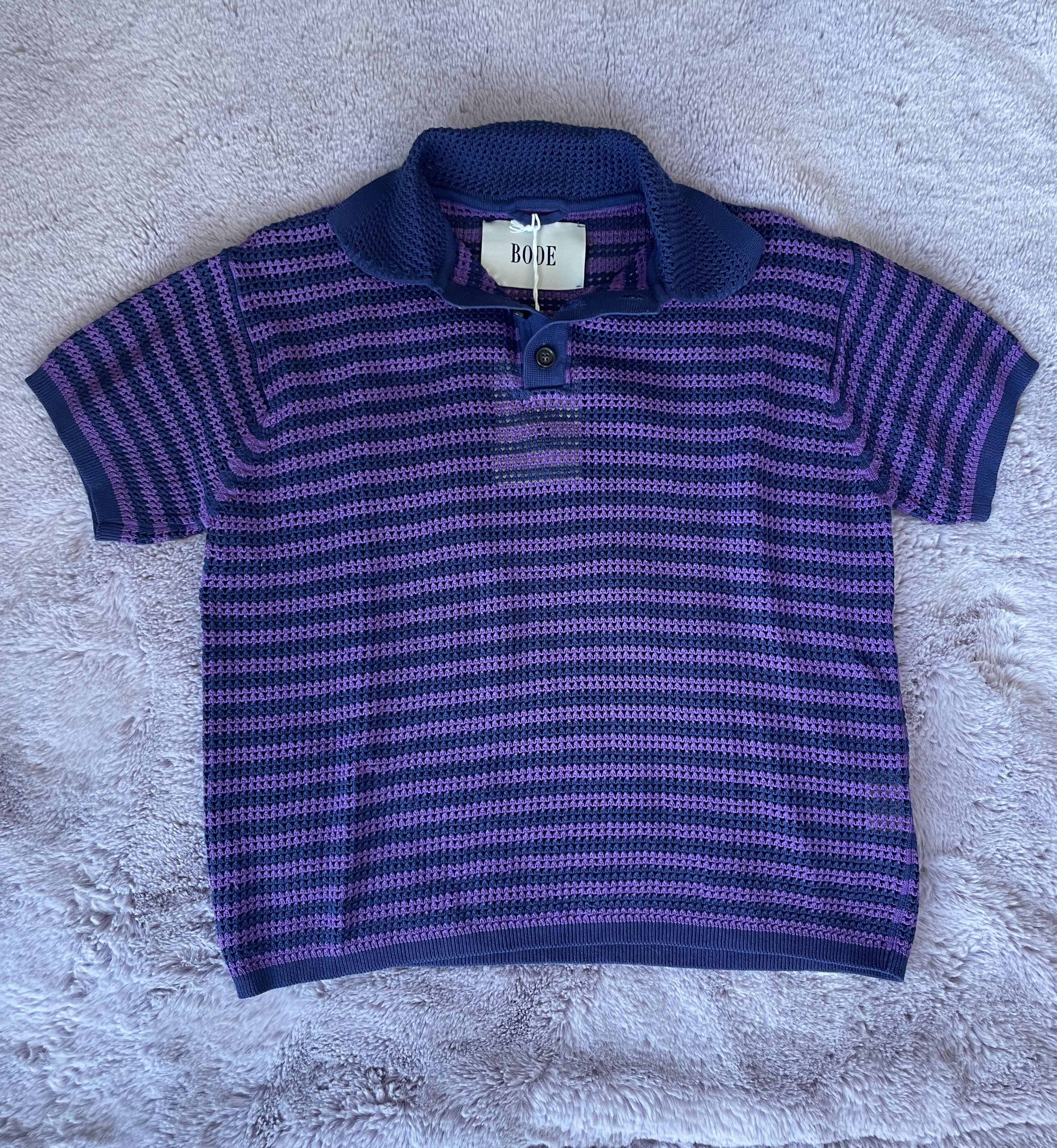 image of Bode Purple Lattice Striped Polo in Lavender, Men's (Size XS)