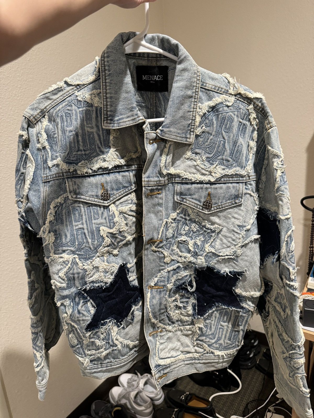 image of Menace Iconography Patchwork Denim Jacket in Blue, Men's (Size Small)