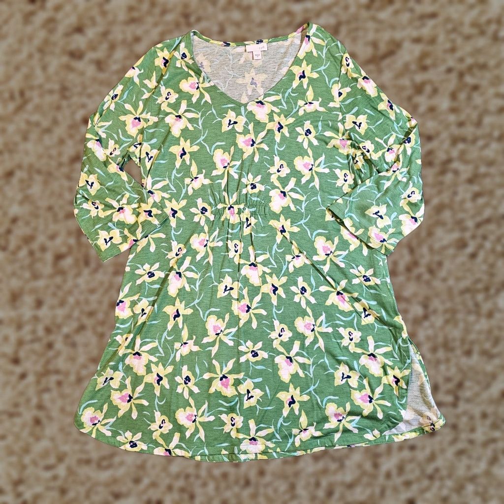 J. Jill J. Jill Dress Tunic Womens Medium Green Pink Floral V Neck Stretch Ruched Casual Size M / US 6-8 / IT 42-44 - 1 Thumbnail