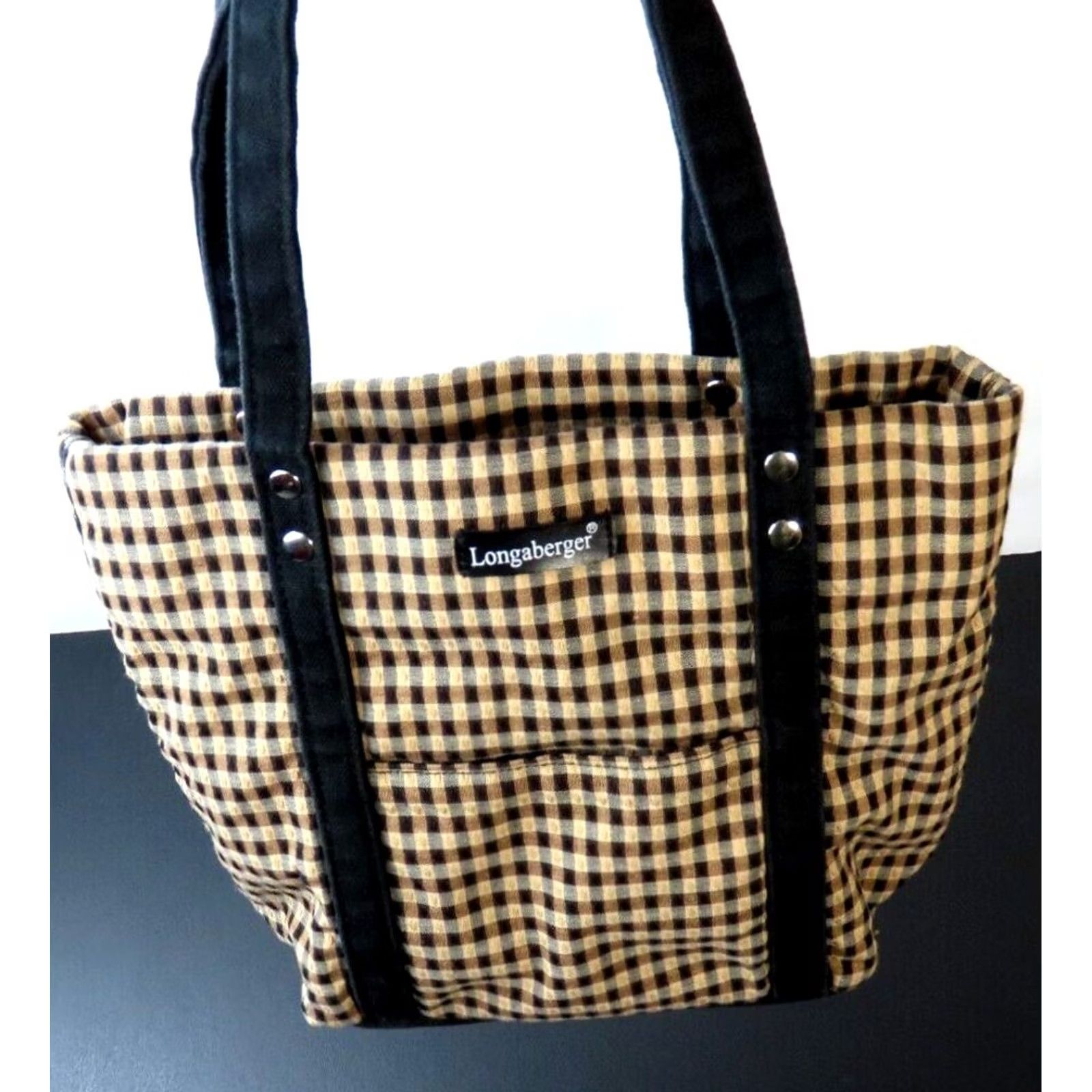 Vintage Longaberger Tote Purse Bag Khaki Beige Checkered 10x9x4 Women Homemestead Pattern Pockets Size ONE SIZE - 5 Thumbnail