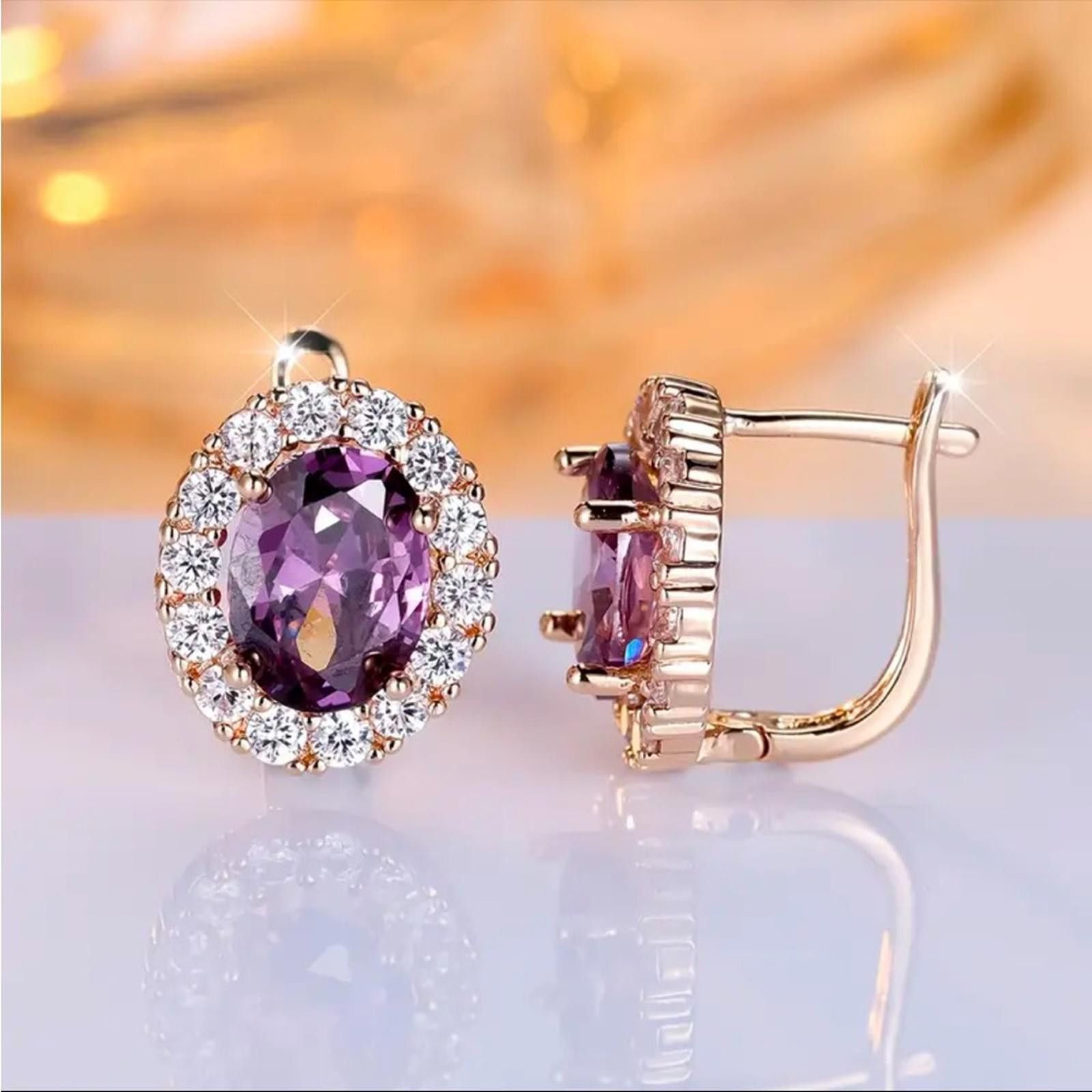 Designer Purple Amethyst and Zircon Diamond Stud Earrings Synthetic Size ONE SIZE - 3 Thumbnail