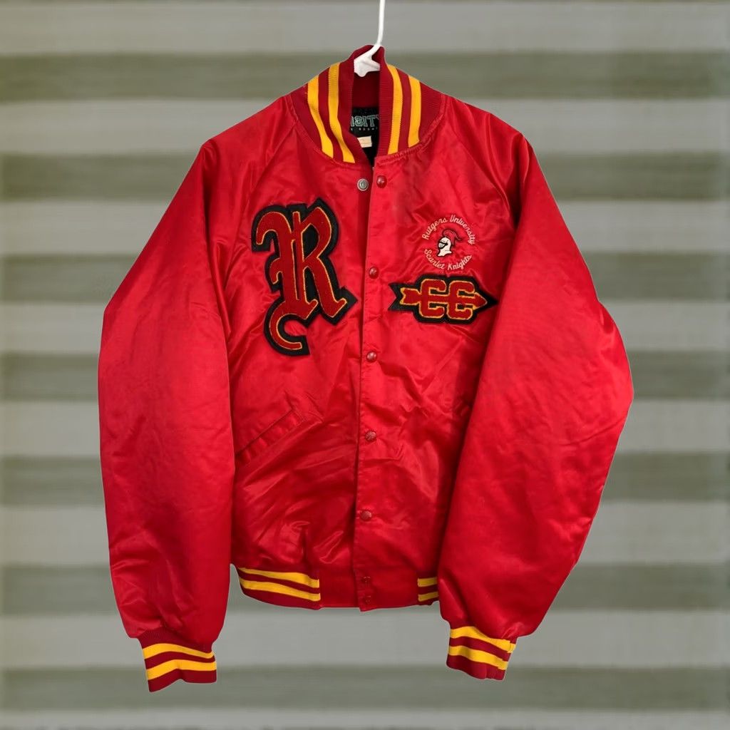 Vintage VINTAGE Rutgers Cross Country Varsity Satin Bomber Jacket Mens Medium Red 1/1 Rare 80s Size US M / EU 48-50 / 2 - 1 Thumbnail