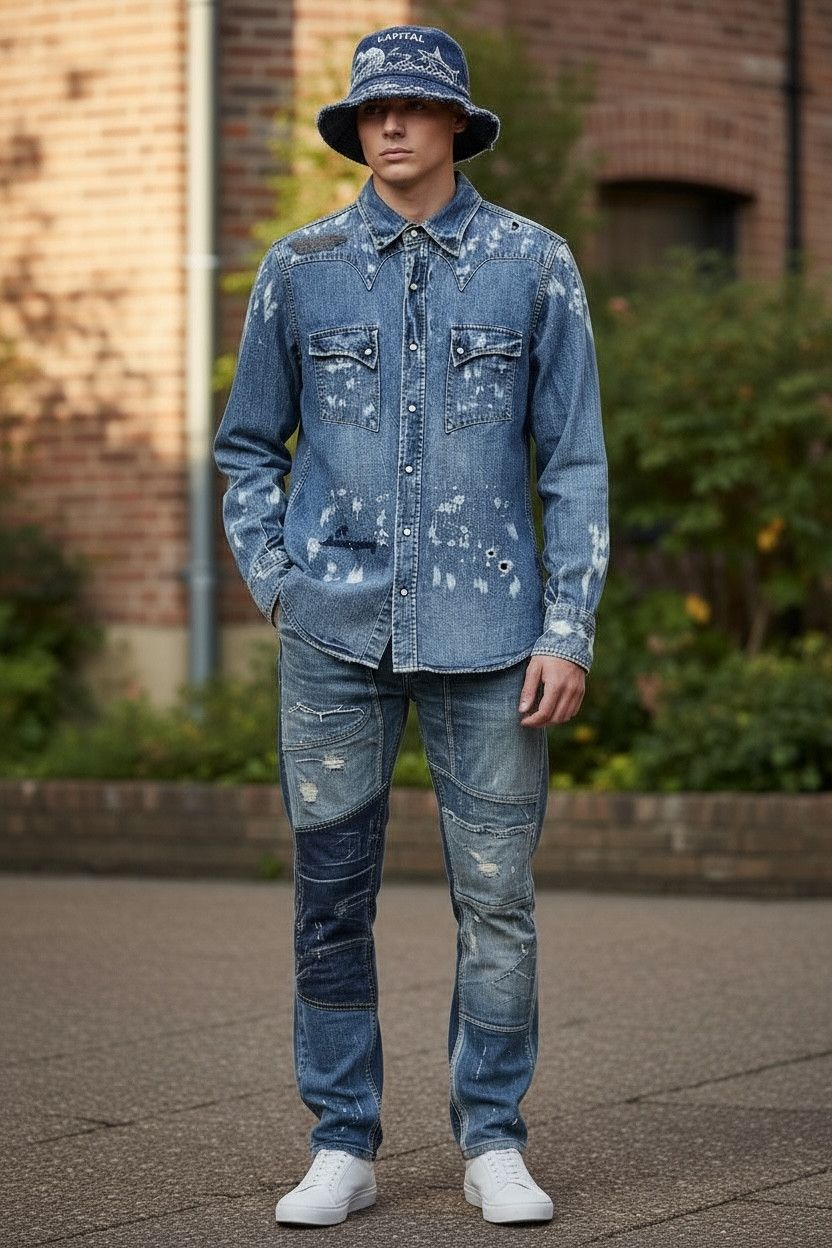 Edwin GRUNGE🔥EDWIN Pearl SnapButton Distressed Ripped Denim Shirt Size US S / EU 44-46 / 1 - 1 Thumbnail