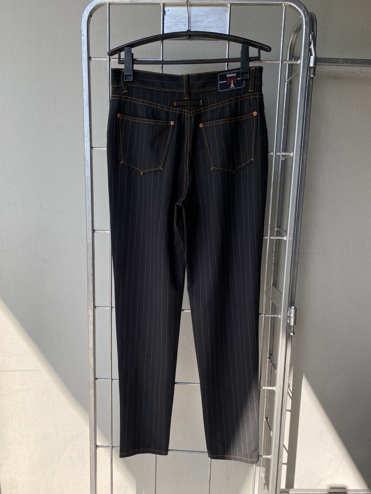 Jean Paul Gaultier Gaultier Black Pinstripe Trousers with Orange Stitching Size 32" / US 10 / IT 46 - 14 Thumbnail
