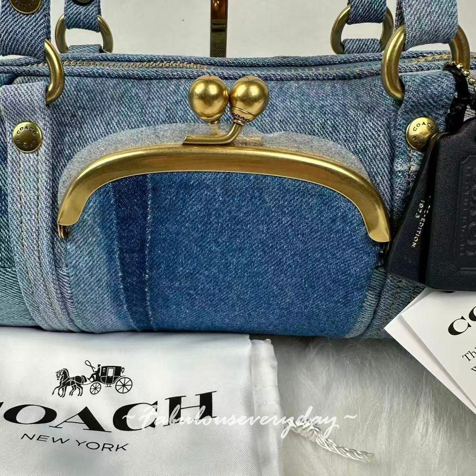 Coach Coach Kisslock Barrel 28 in Repurposed Denim Brass/Indigo Size ONE SIZE - 8 Thumbnail