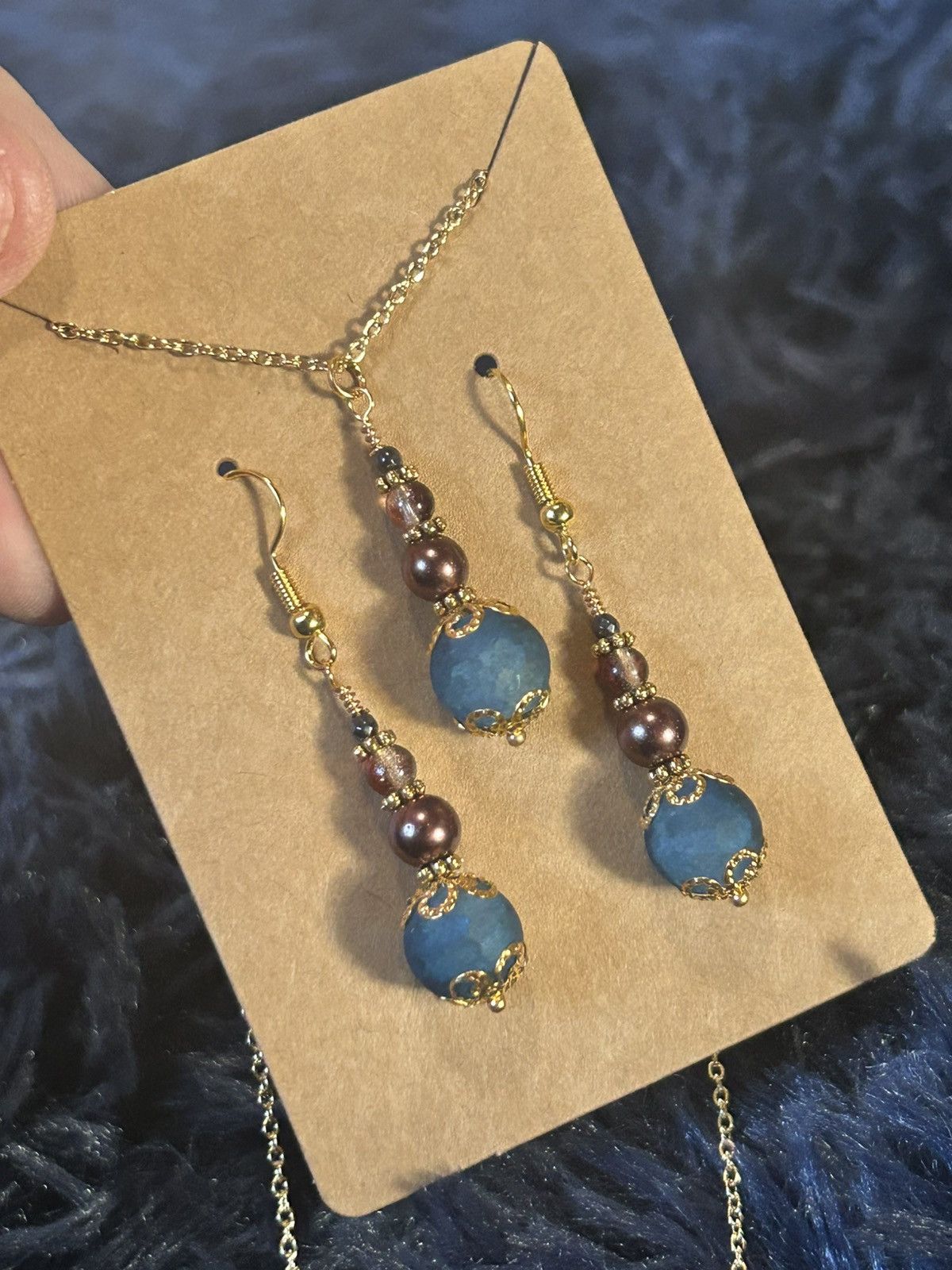 Handmade Handcrafted blue crackle glass pearl cat eye necklace set Size ONE SIZE - 1 Thumbnail