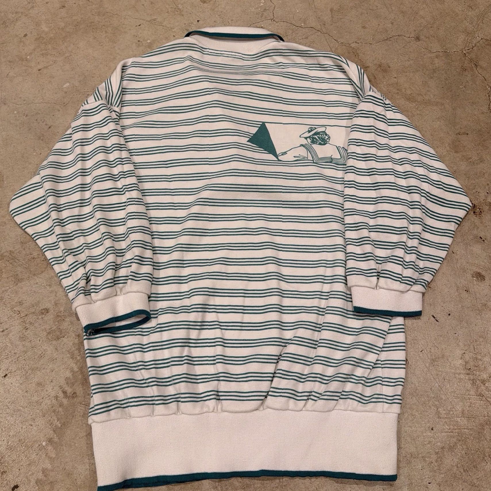 Catalina VINTAGE Catalina Polo Sweater Striped Preppy Green White Womens Size Medium Pullover Knit Long Sleeve Dolman Sleeve Collared Nautical Casual السفر Size M / US 6-8 / IT 42-44 - 2 Thumbnail