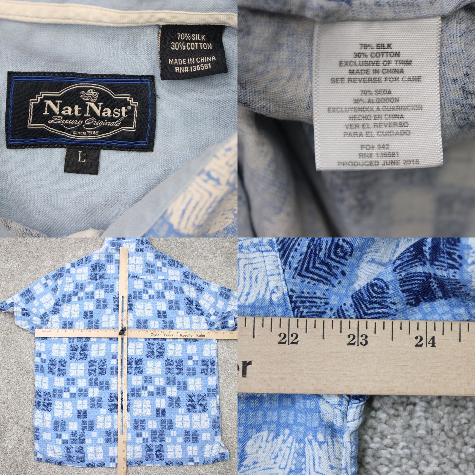 Nat Nast Nat Nast Shirt Mens Large Blue Geometric Silk/Cotton Button-Up Short Sleeve Everyday Wear Mens Large Blue Geometric Silk/Cotton Button-Up Size US L / EU 52-54 / 3 - 8 Thumbnail