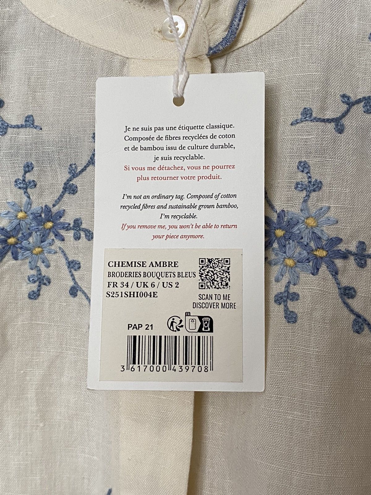 Sezane NWT Sezane Ambre Shirt Blue Bouquet Embroidery Size XS / US 0-2 / IT 36-38 - 5 Thumbnail