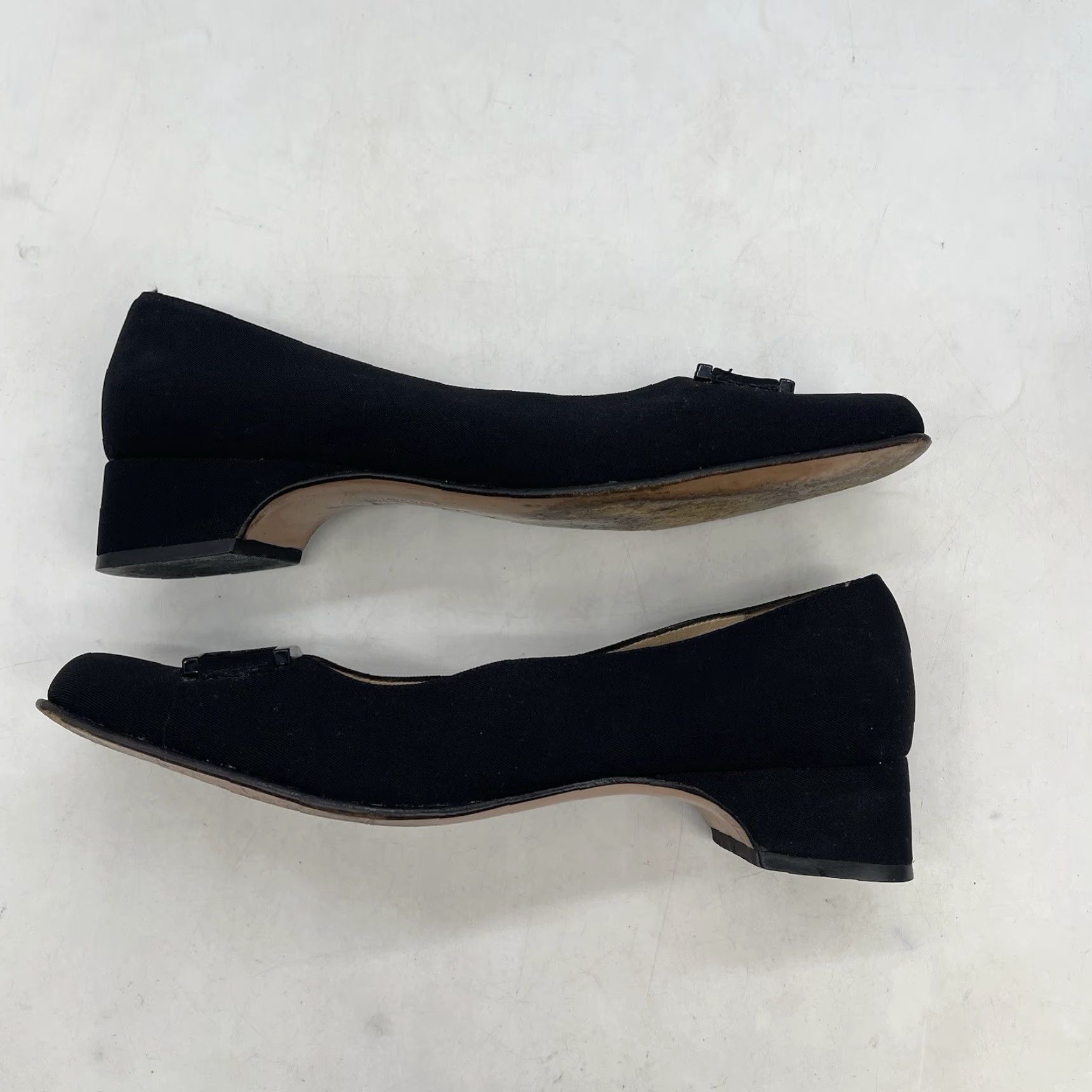 VINTAGE Salvatore Ferragamo Heels Womens 8.5 Black Satin Buckle 90s VTG Pump, Slip On, Square Toe, Leather Lining, AA Width, Block Heel, Shirt?