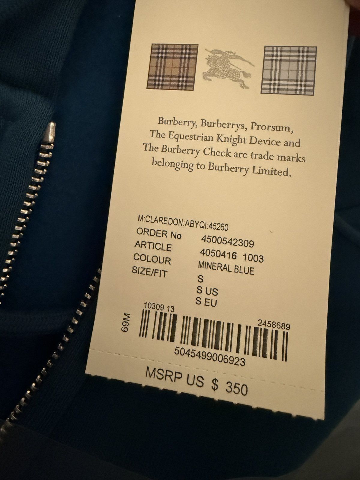 Burberry Burberry Clarendon Mineral Blue zip-up hoodie Size US S / EU 44-46 / 1 - 8 Thumbnail