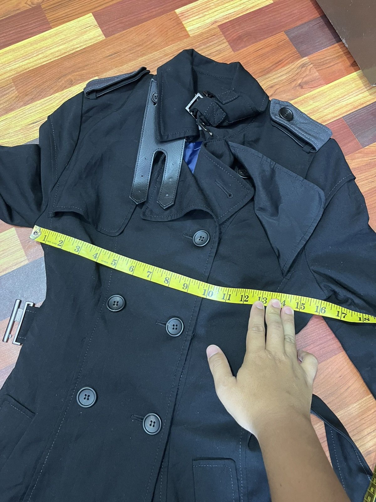 Japanese Brand Celina Firenze Black Double Breasted Trench Coat Size XS / US 0-2 / IT 36-38 - 15 Thumbnail