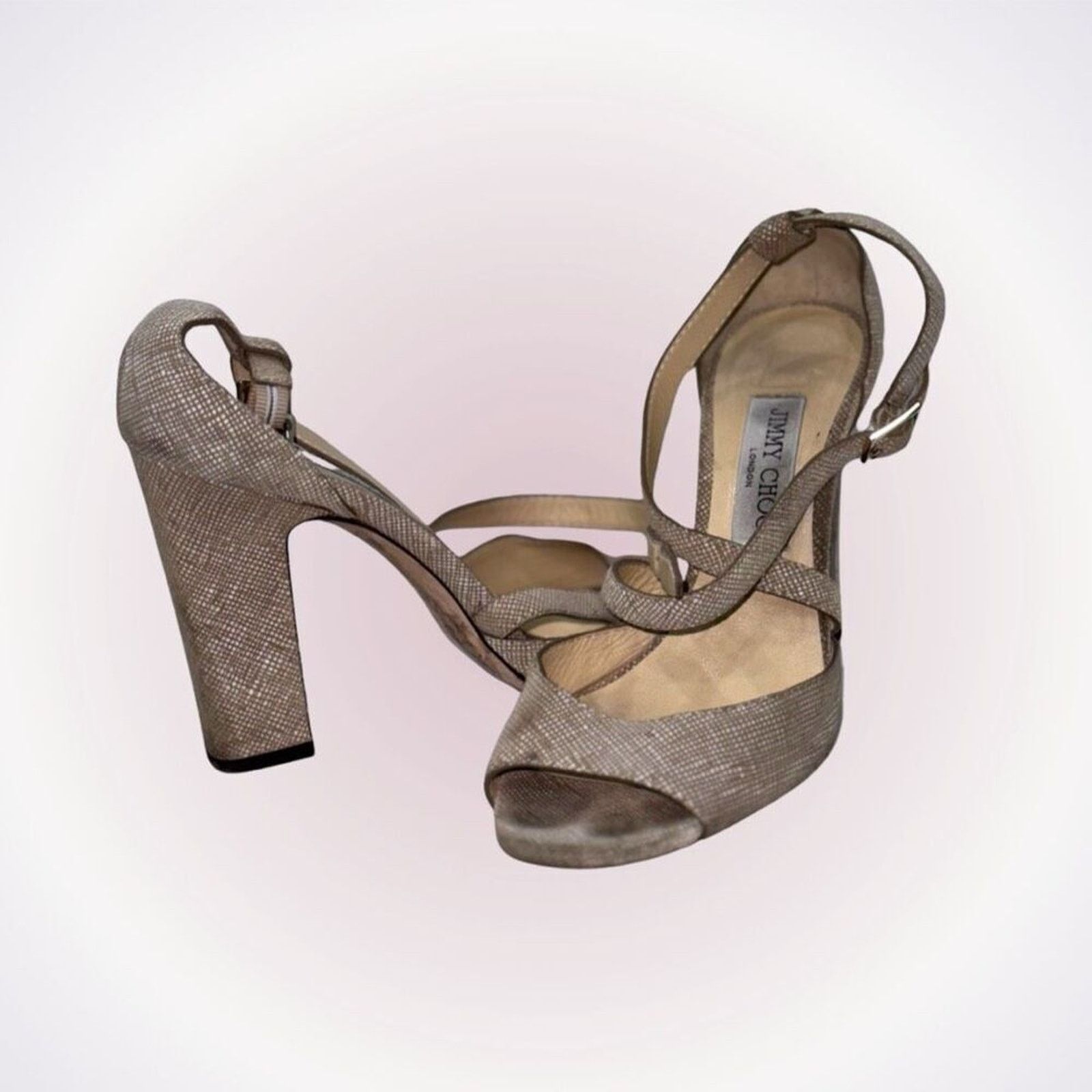 Jimmy Choo neutral textured block strappy heels Sz 39