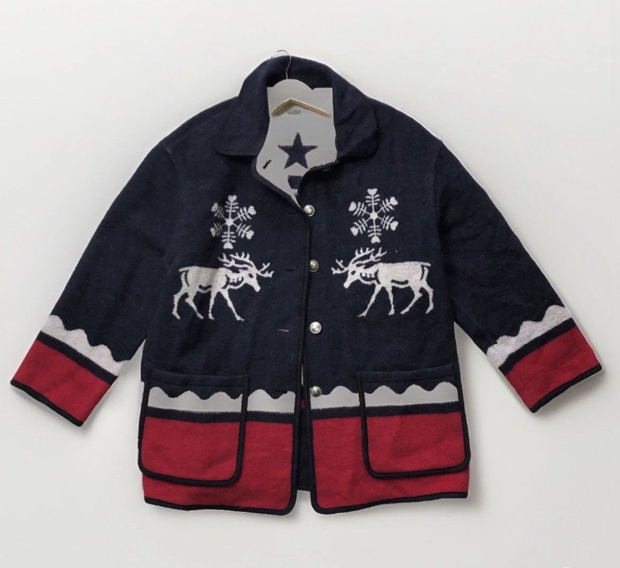 Vintage Women’s Wool Blend Jacket – Nordic Reindeer Design UK 12 Size L / US 10 / IT 46 - 1 Thumbnail