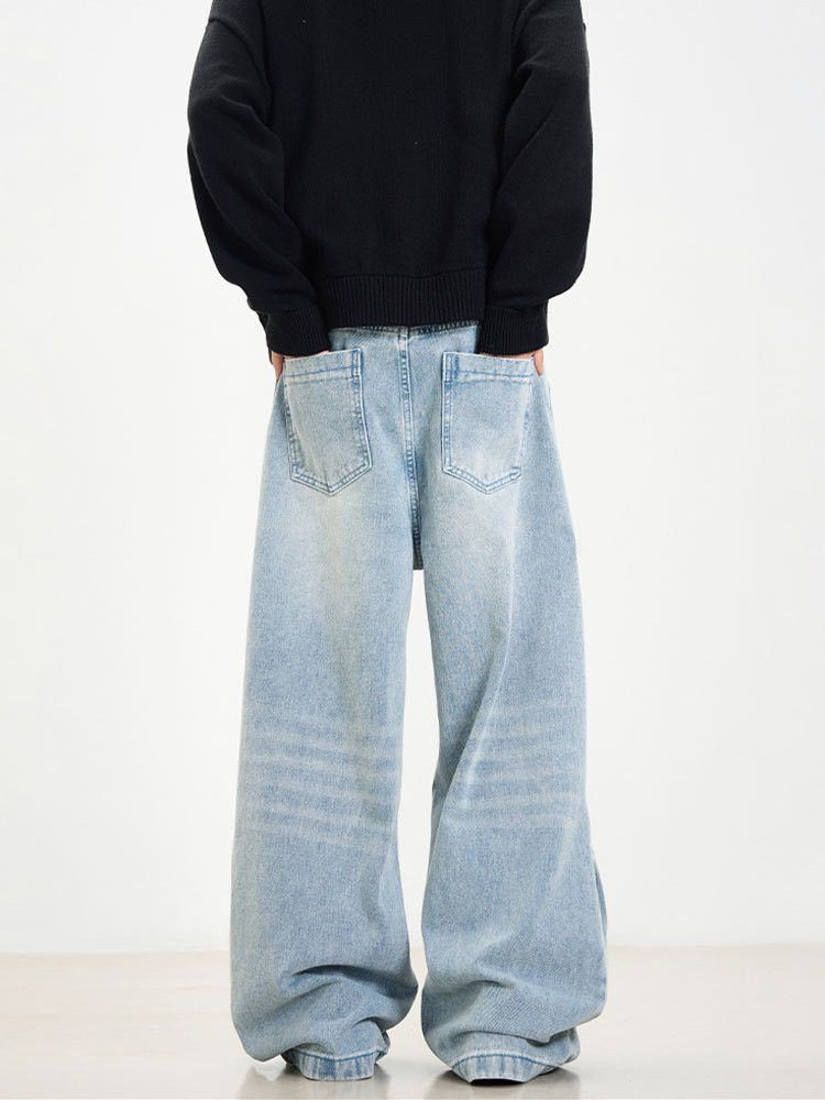 Vintage Retro men's loose straight wide-leg washed blue jeans Size US 32 / EU 48 - 3 Thumbnail