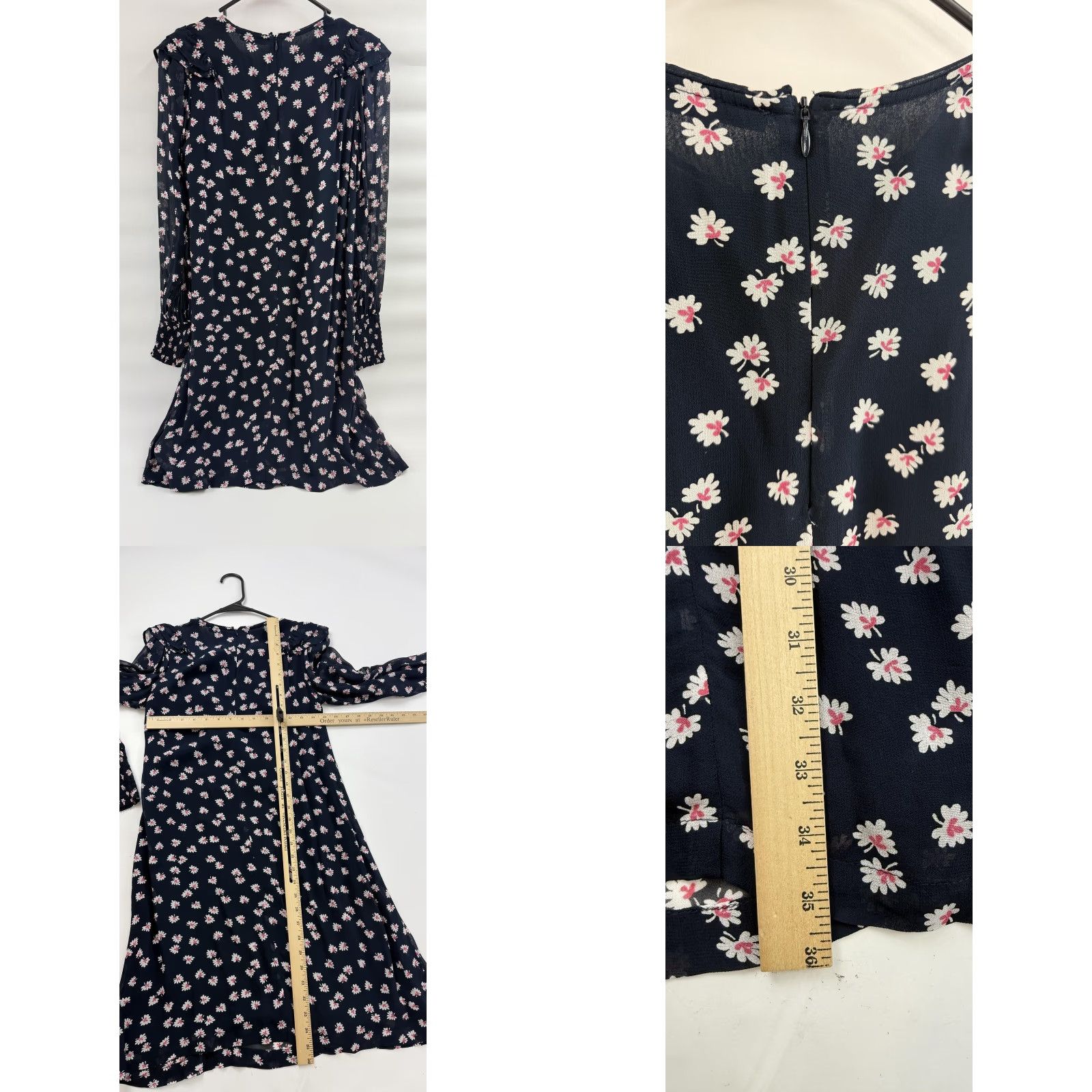 Ganni Ganni Dress Womens 34 Navy Blue Ruffle Georgette Daisy Floral Long Sleeve Mini Size XXS / US 00 / IT 34 - 8 Thumbnail