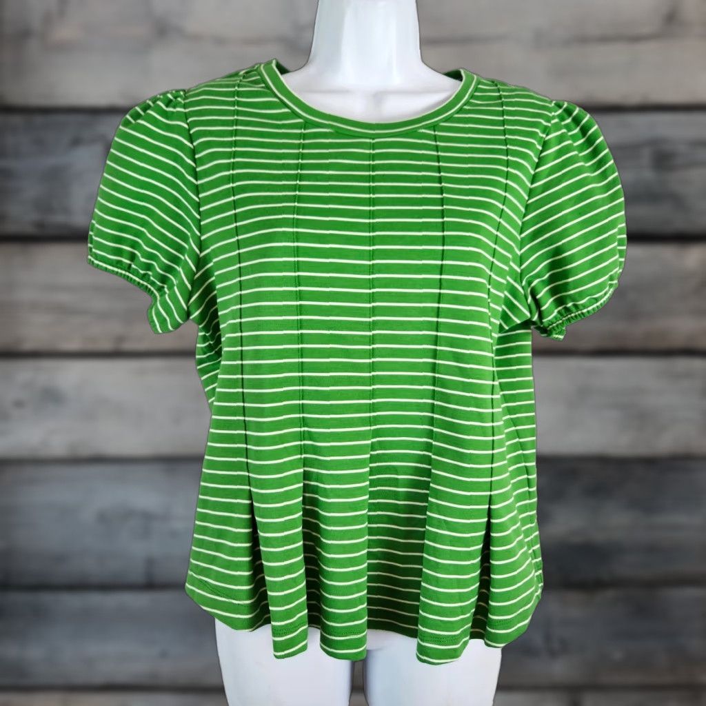 Vintage Maeve Maeve by Anthropologie Womens Top Sz Medium Green White Stripe Blouse Short Sleeve Pullover Polyester Blend Size M / US 6-8 / IT 42-44 - 1 Thumbnail
