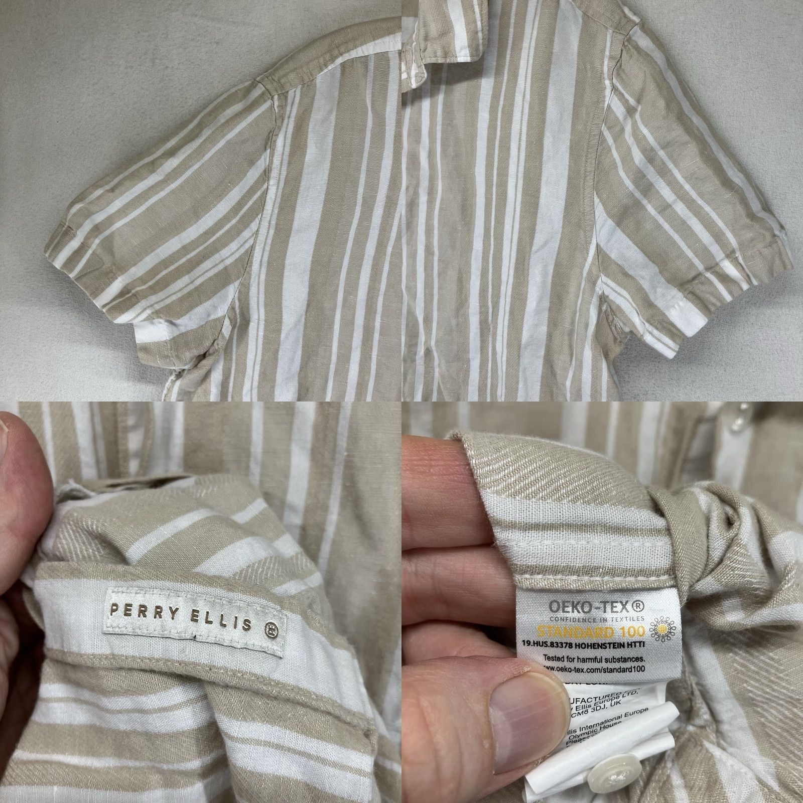 Perry Ellis Vintage Perry Ellis Men's Linen Blend Shirt Large Short Sleeve Beige Striped Casual Summer Beach boating Size US L / EU 52-54 / 3 - 8 Thumbnail