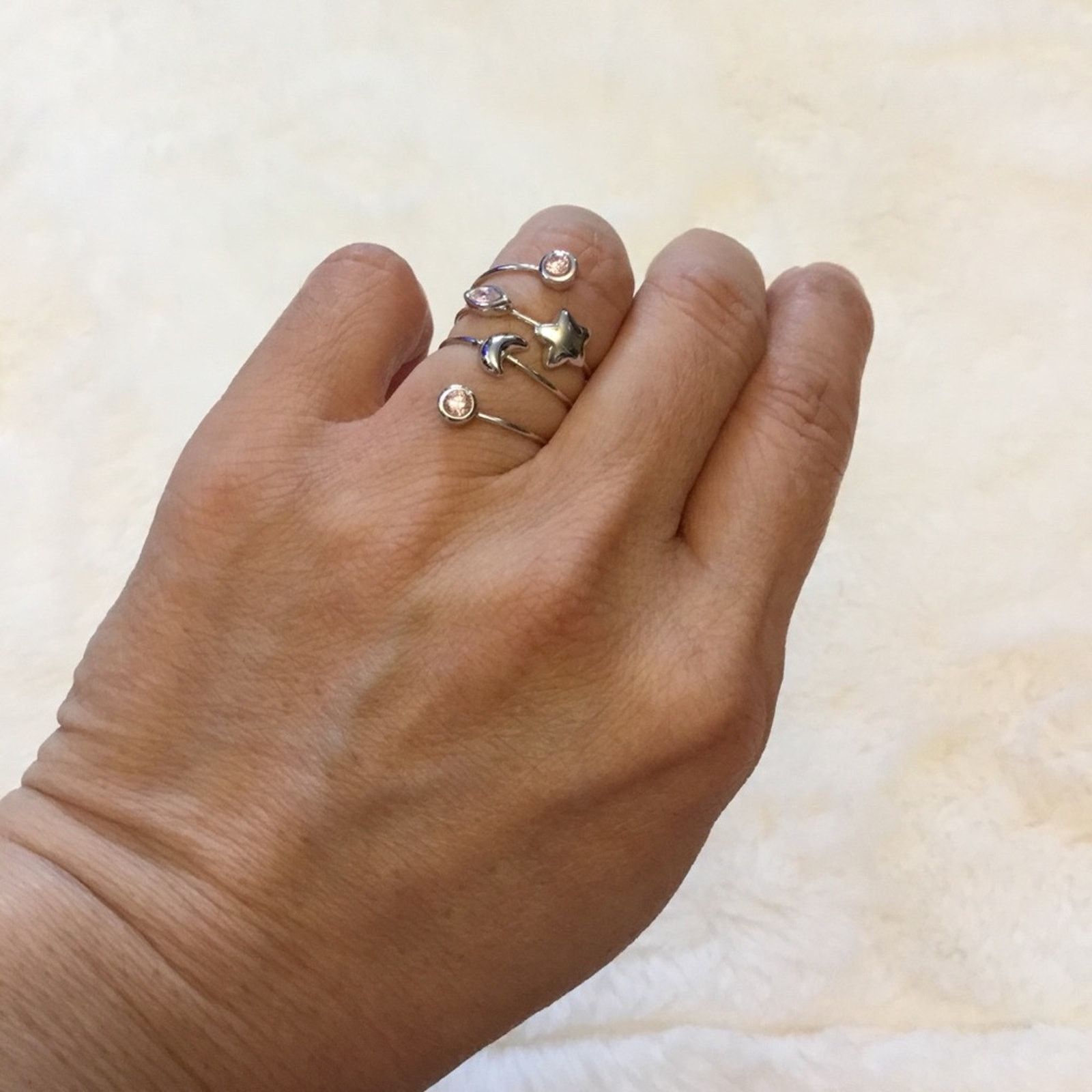 Other Silver Star, Moon & Pink Crystals Ring Size ONE SIZE - 5 Thumbnail