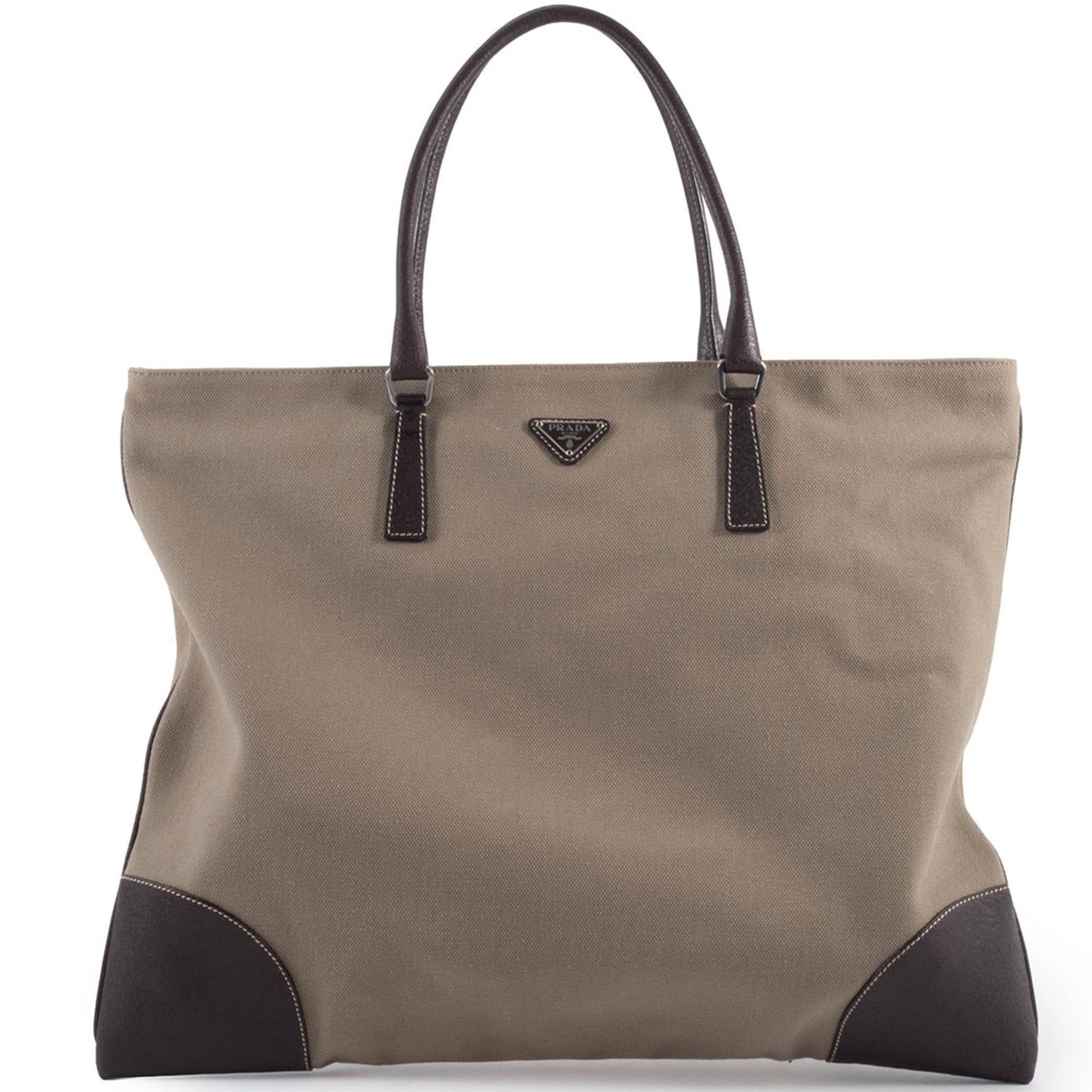 Prada Prada bag, canvas tote leather, khaki brown, hand, square. Size ONE SIZE - 1 Thumbnail
