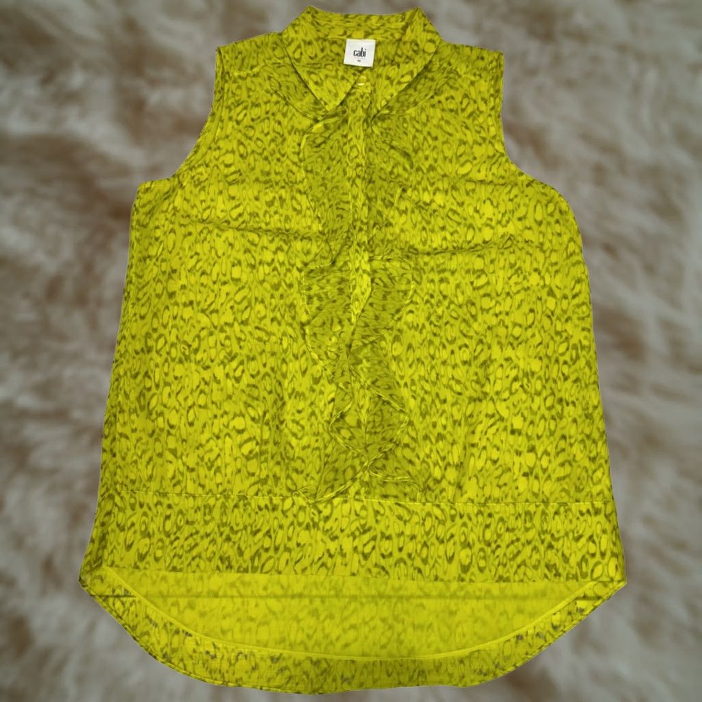 Vintage Cabi Womens Tank XS Green Yellow Print Reign Ruffled Sleeveless Blouse Lined Size XS / US 0-2 / IT 36-38 - 1 Thumbnail