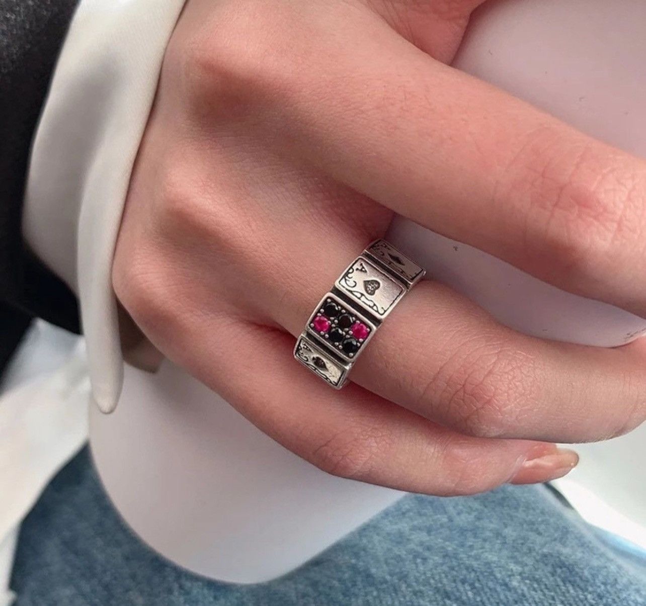 Jewelry × Vintage Ace Card Playing Poker Player Spades Hearts Ring Size ONE SIZE - 2 Thumbnail