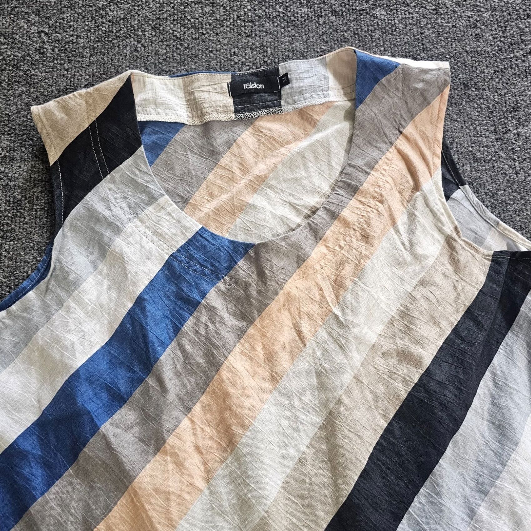 Halston Ralston Dress Womens Medium Beige Stripe Linen A-Line Pockets Beach Casual Shelf Dress Size M / US 6-8 / IT 42-44 - 2 Thumbnail