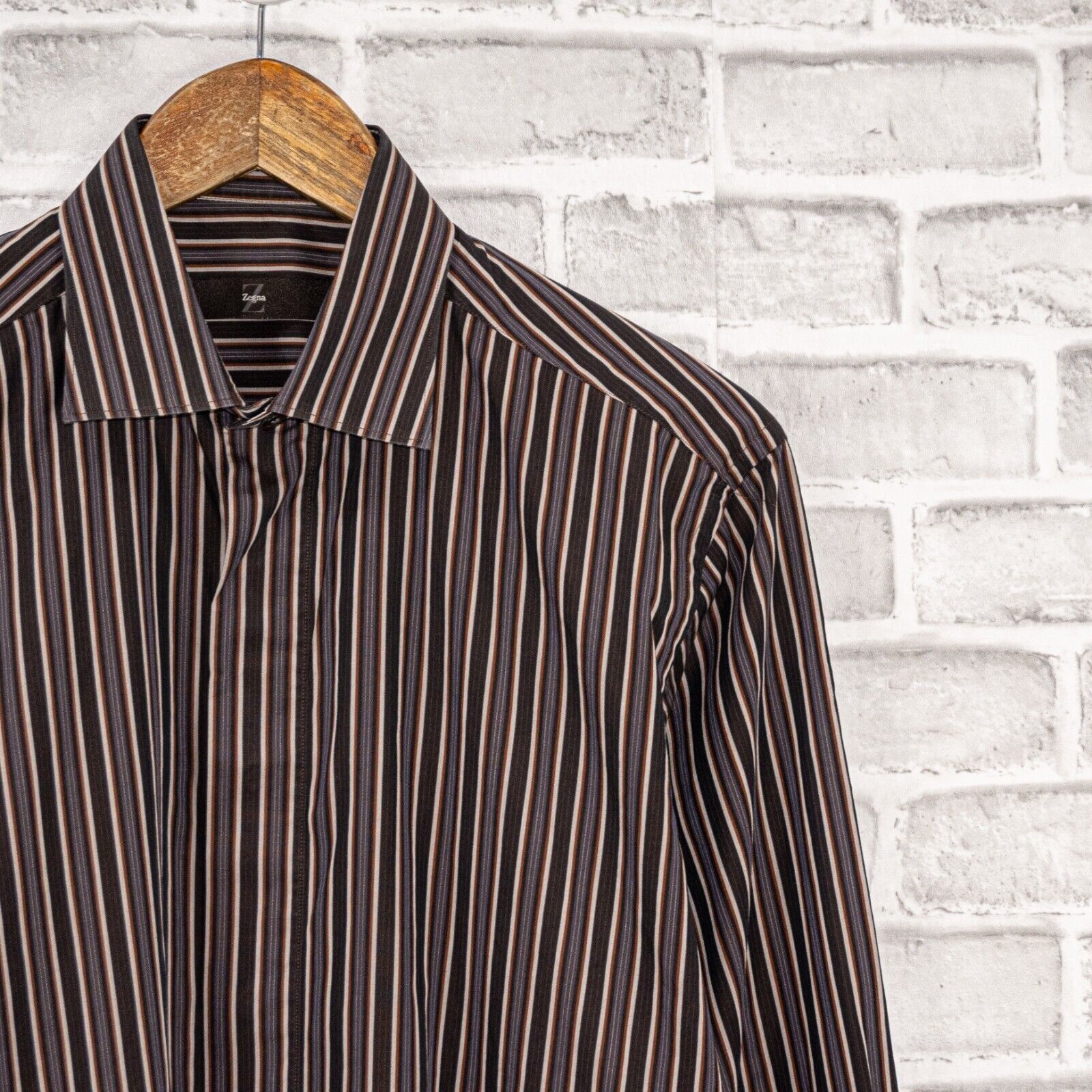 Ermenegildo Zegna Z Zegna Men's Long Sleeve Button up Shirt Brown striped Size US M / EU 48-50 / 2 - 2 Thumbnail