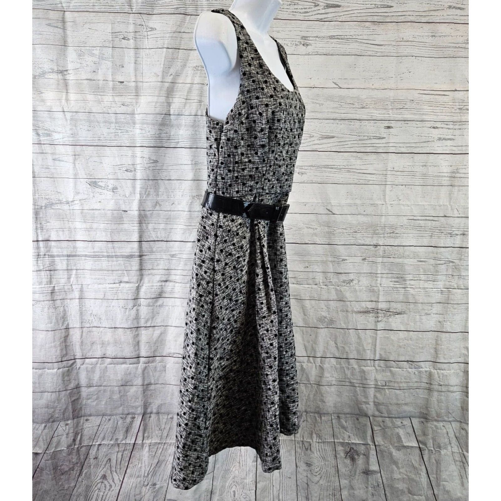Vintage Modcloth Womens Dress Sz 6 Black Gray Tweed Polka Dot Sleeveless Belted Dress Size M / US 6-8 / IT 42-44 - 3 Thumbnail