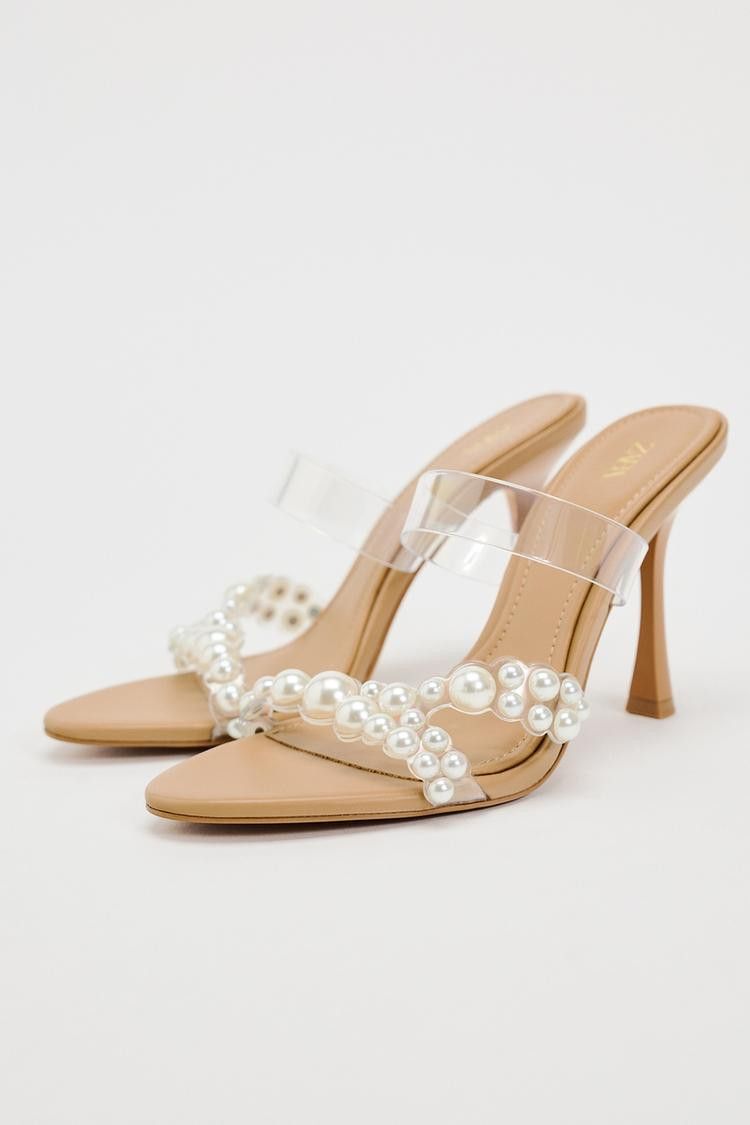 image of Zara Heel Shoesed Vinyl Sandals With Faux Pearls, Women's (Size 9)