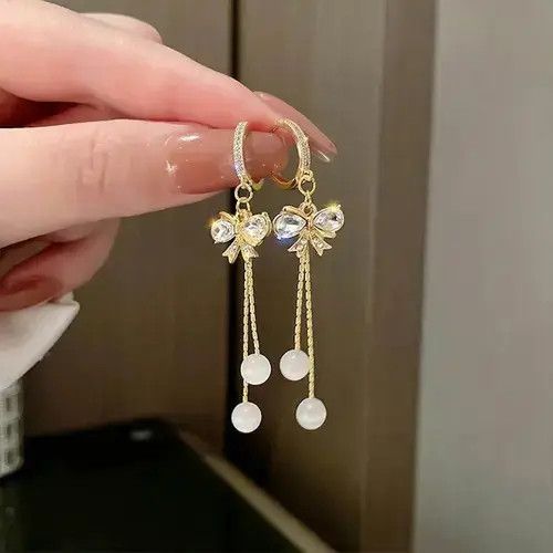 Other Women's Crystal Bow Tassel Dangle Drop Hoop Earrings Size ONE SIZE - 1 Thumbnail