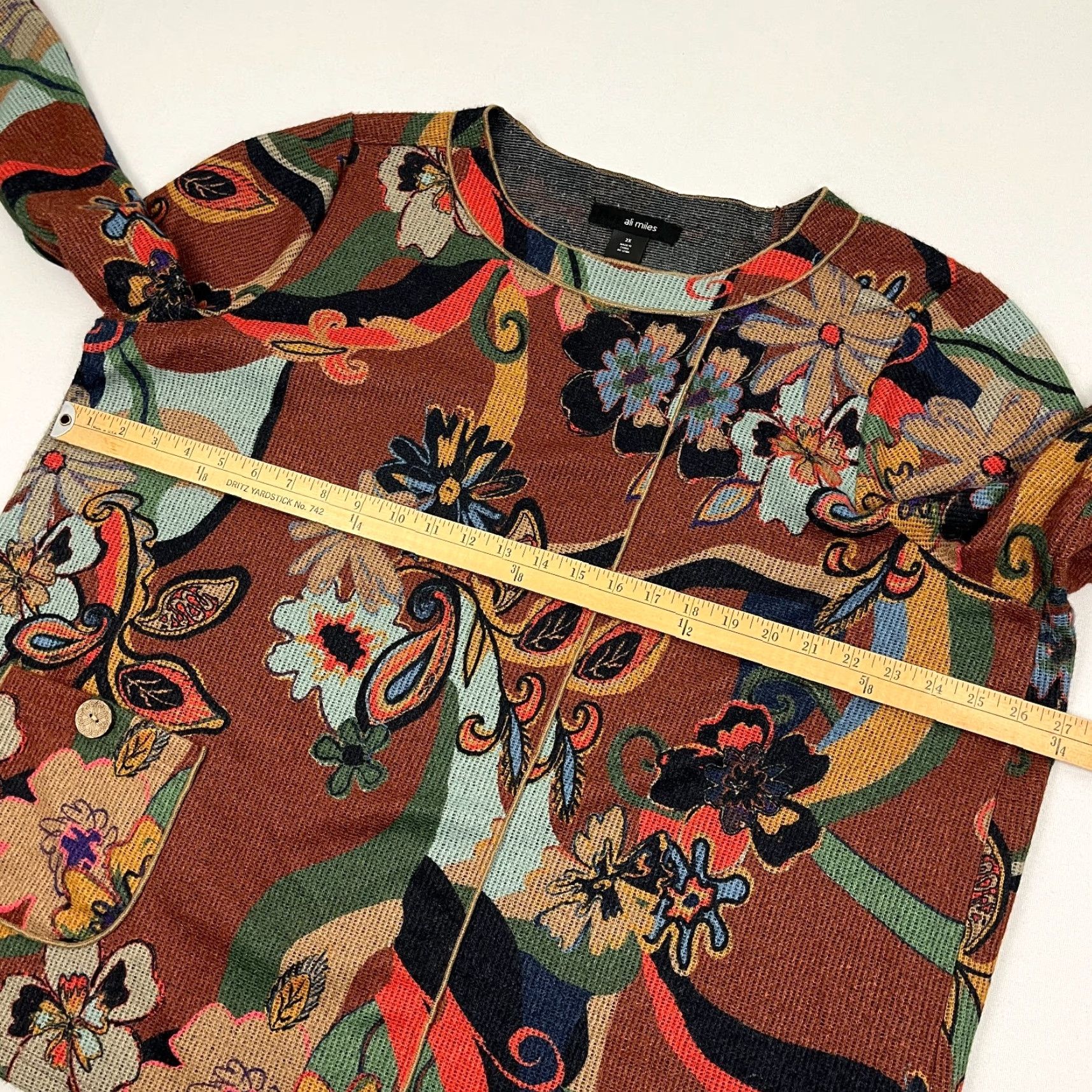 Vintage Ali Miles Blouse Womens 2X Brown Floral Abstract Knit Asymmetrical Spring Boho Shirt Women Plus Size 2X Floral Pattern 3/4 Sleeve Knit Blouse Size XXL / US 16-18 / IT 52-54 - 7 Thumbnail