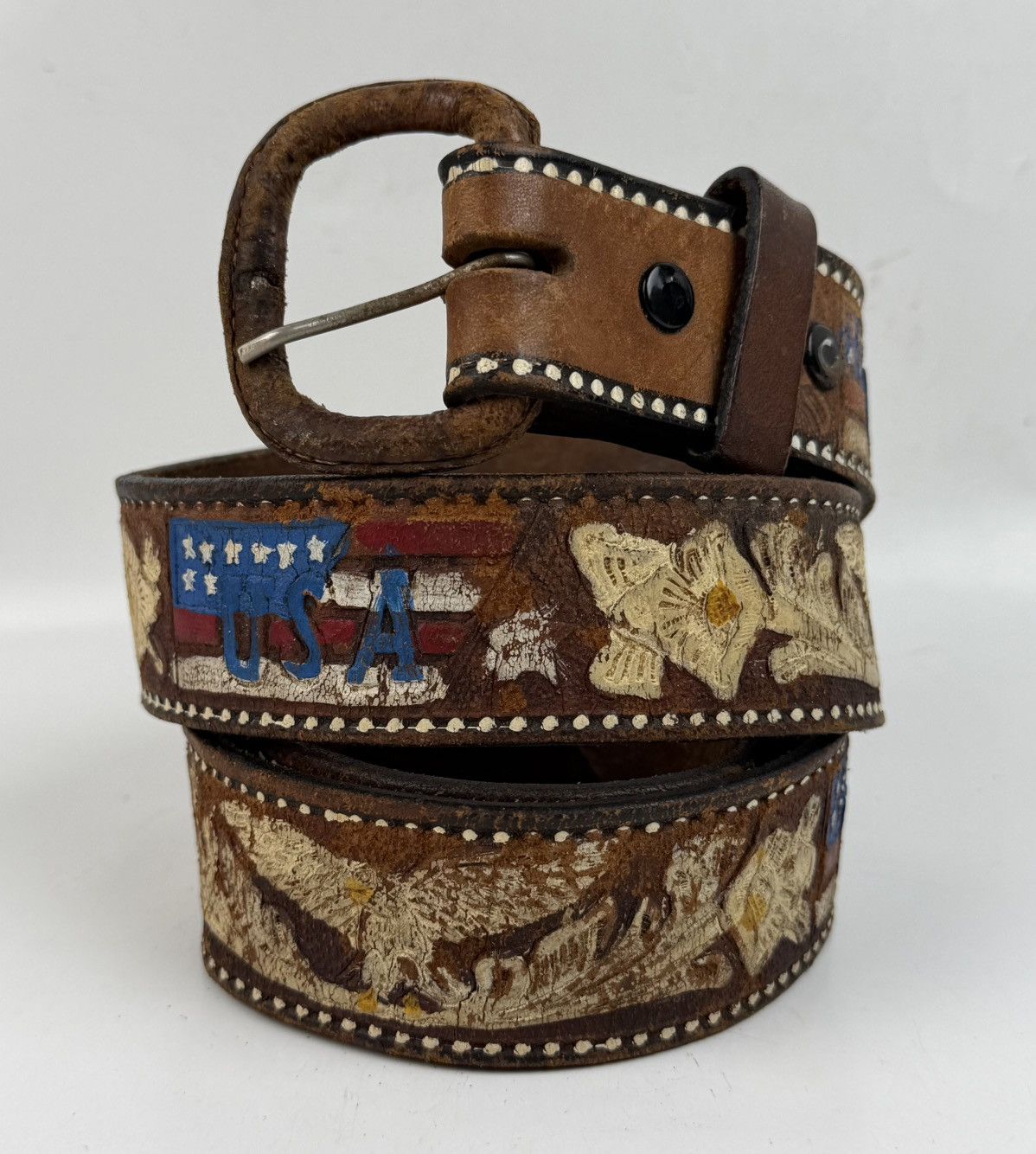 Japanese Brand vintage style distressed painted leather belt tc51 Size 38 - 1 Thumbnail